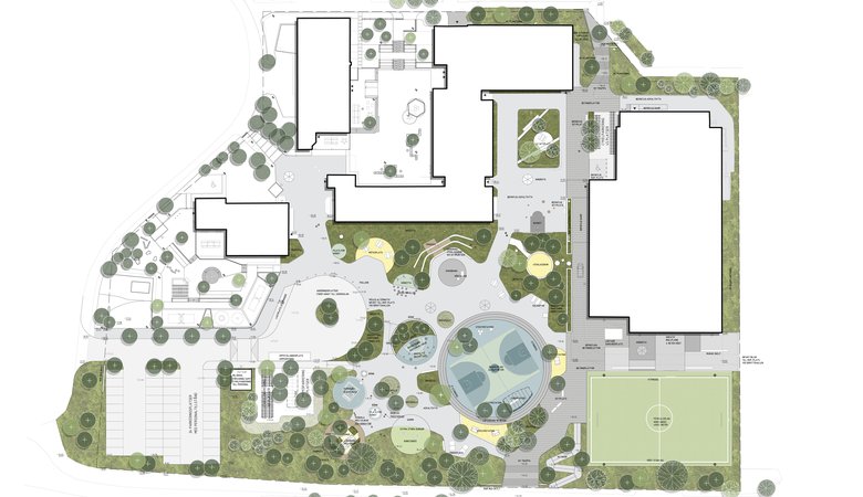 En arkitektskiss över Edsbergsskolan med skolgård