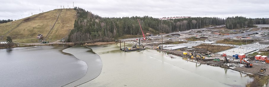 Flygfoto över det nya bostadsområdet Väsjön som är under uppbyggnad.