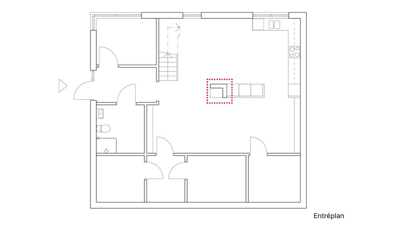 Ritning för eldstad på entréplan.