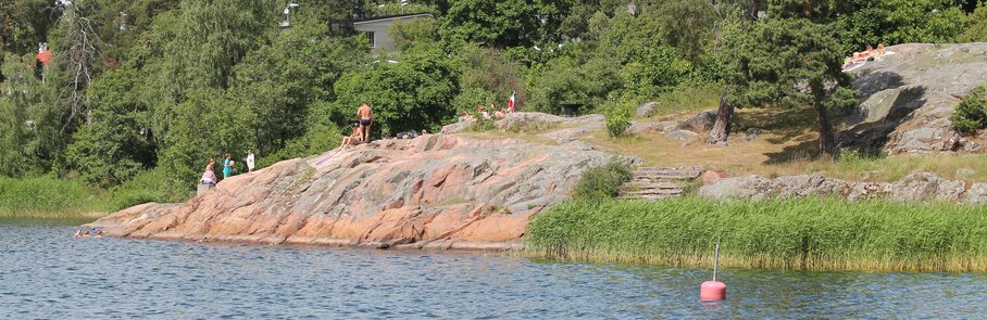 En grupp människor står på toppen av en grönskande sluttning intill en sjö.