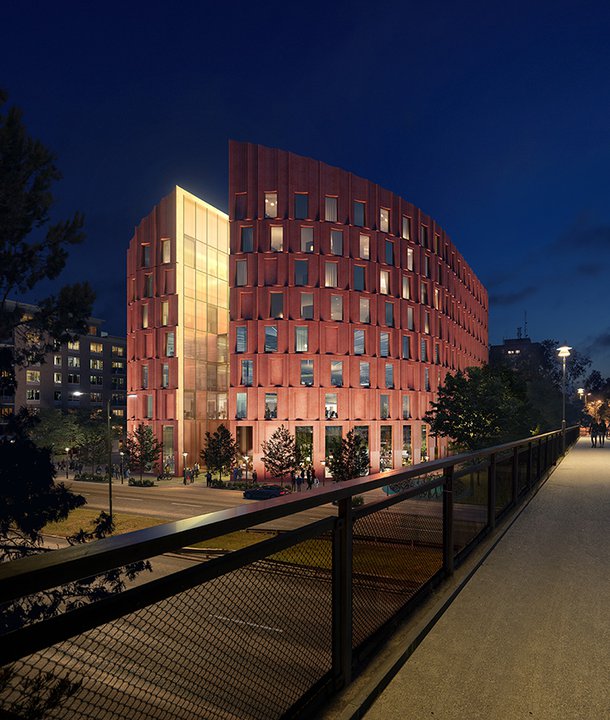 Arkitektskiss. Byggnad på natten.