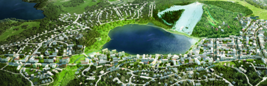 En arkitektskiss i form av en flygbild över Väsjön med all den planerade bebyggelsen.