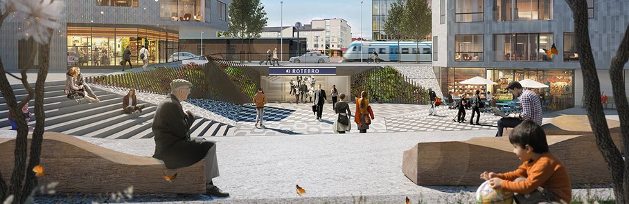 Arkitektskiss över Stationstorget i Rotebro.